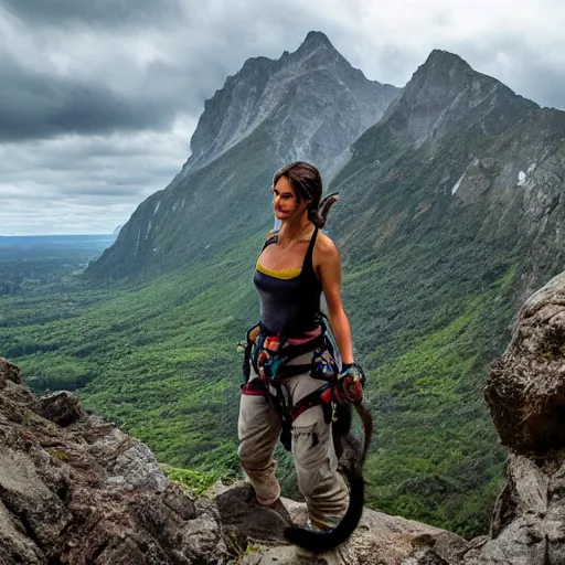 Prompt: lara croft mount climbing, adventure photography