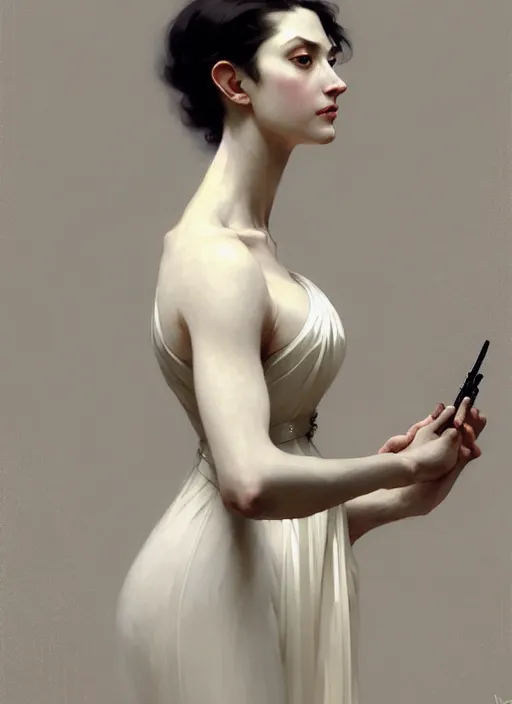 Image similar to character concept portrait of a stoic and proud woman in an elegant gown, pale face, intricate, elegant, digital painting, concept art, smooth, sharp focus, illustration, from Metal Gear, by Ruan Jia and Mandy Jurgens and William-Adolphe Bouguereau, Artgerm