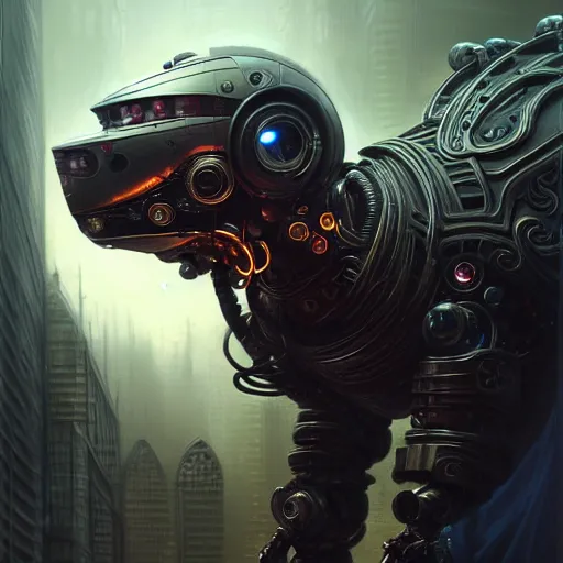 Image similar to low angle portrait shot of a cyberpunk robot dog, intricate, elegant, highly detailed, centered, digital painting, artstation, concept art, smooth, sharp focus, illustration, artgerm, Tomasz Alen Kopera, Peter Mohrbacher, donato giancola, Joseph Christian Leyendecker, WLOP, Boris Vallejo