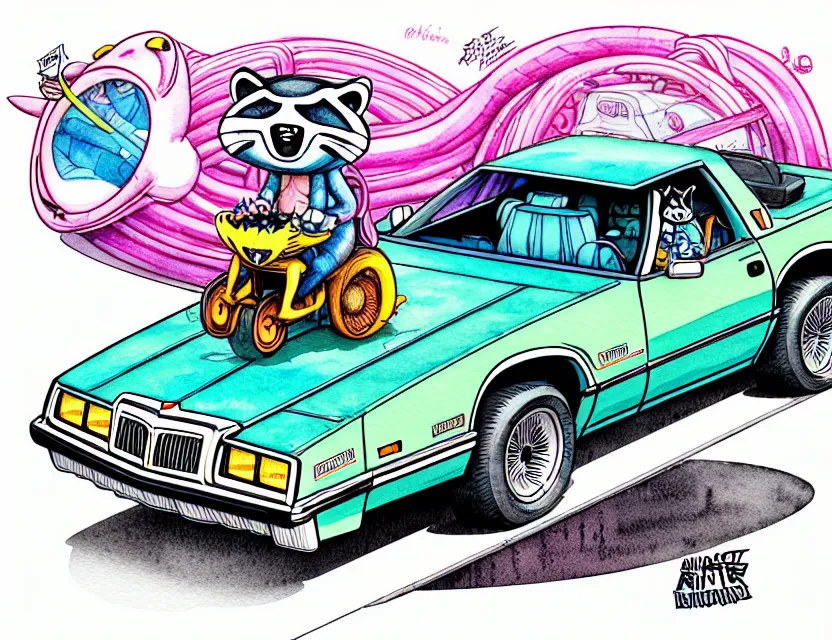 Prompt: cute and funny, racoon riding in a 1 9 8 2 pontiac firebird knight rider, ratfink style by ed roth, centered award winning watercolor pen illustration, isometric illustration by chihiro iwasaki, edited by range murata, tiny details by artgerm and watercolor girl, symmetrically isometrically centered