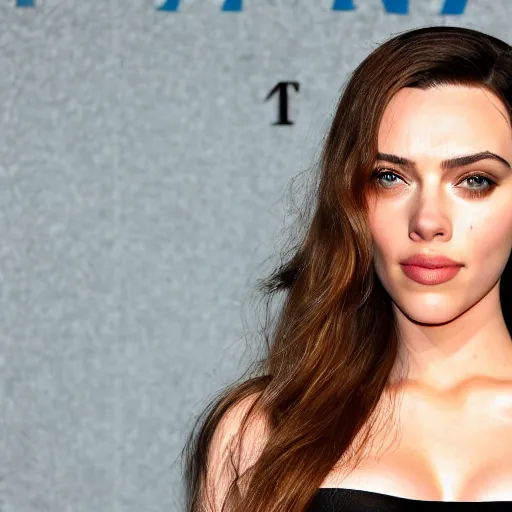 Image similar to a woman who is a genetic combination of kim kardashian and kat dennings and scarlett johansson and margot robbie and emma watson, face and upper - body focus, detailed eyes