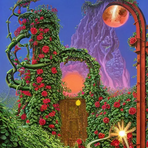 Image similar to a portal with vines and roses on the outside by kilian eng, chris foss, rodney matthews, robert mccall, jacek yerka and vladimir kush, oil on canvas