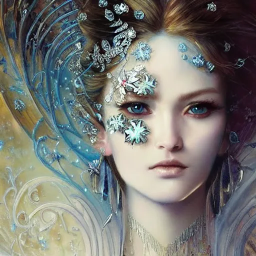 Image similar to a beautiful woman wearing a white dress made of silver with jewelry and diamonds by karol bak, ayami kojima, arabian blue eyes, concept art, fantasy