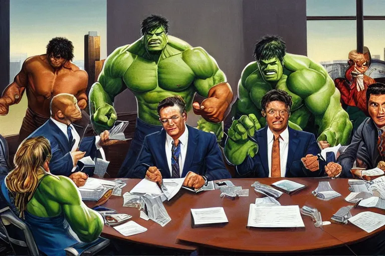 Prompt: the hulk wearing a business suit sitting at a table in a corporate board meeting, oil on canvas, intricate, full scene, 8 k highly professionally detailed, hdr, joe jusko