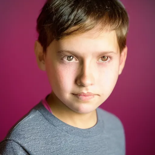 Image similar to closeup portrait of 8 year old boy, thick lips, hot pink skin, thin eyebrows, short light brown hair, facebook post, black background