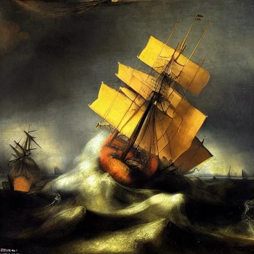 Prompt: large ship being tossed about in a fierce storm in the sea, dark, low light, terrifying, beautiful, rembrandt painting