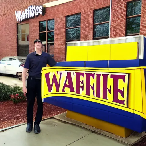 Image similar to wafflehouse employee's standing below wafflehouse sign