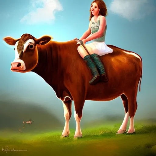 Image similar to girl riding a cow on the farm, trending on artstation