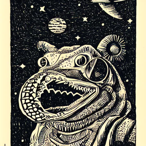 Image similar to Woodcut portrait of a beautiful cute crocodile with robot ears by falling into the stars greg rutkowski, 4k, intricate details