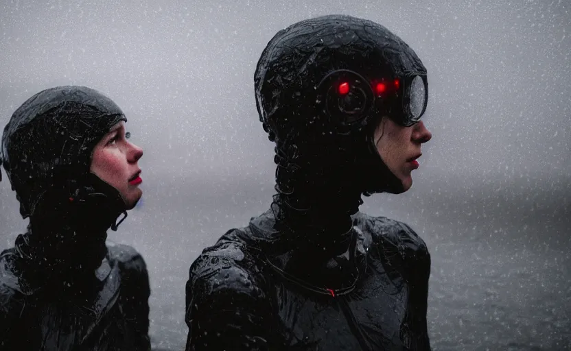 Prompt: cinestill 5 0 d candid photographic portrait by helen levitt of two loving female androids wearing rugged black mesh techwear in treacherous waters, extreme closeup, modern cyberpunk moody depressing cinematic, pouring rain, 8 k, hd, high resolution, 3 5 mm, f / 3 2, ultra realistic faces, ex machina