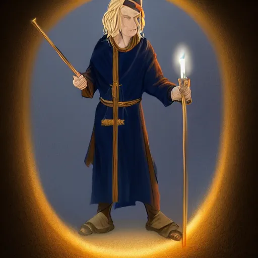 Prompt: A young well kept wizard with a blonde ponytail in a navy blue robe with gold accents, he holds a staff of light with a bright crystal, medieval fantasy, digital art, trending on artstation