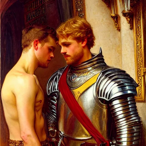 Image similar to attractive fully clothed arthur pendragon confesses his love for his attractive fully clothed male knight. highly detailed painting by gaston bussiere and j. c. leyendecker 8 k