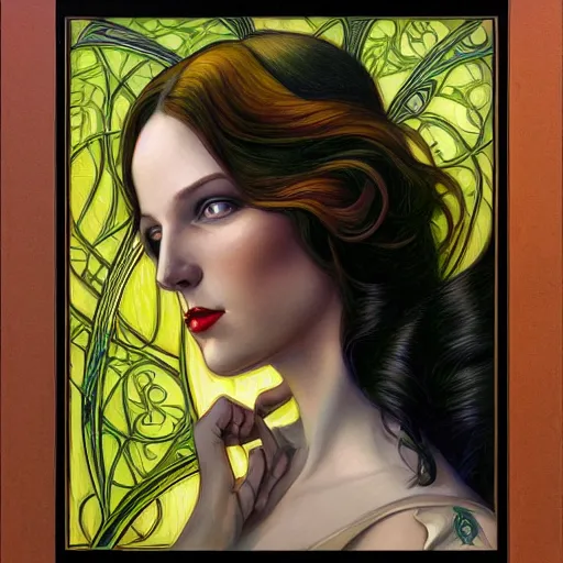 Prompt: an art nouveau streamline moderne portrait in the style of donato giancola and anna dittmann and charles dulac.