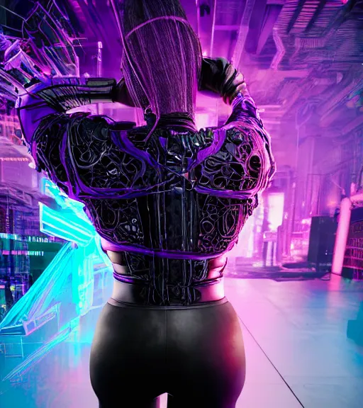 Image similar to back shot, looking away from viewer, woman with black ponytail in sci - fi leather armor, purple, by dariusz zawadzki, kenneth blom, mental alchemy, james jean, pablo amaringo, naudline pierre, intricate, contemporary art, glitch, neon color palette, hyper detailed, rendered in octane