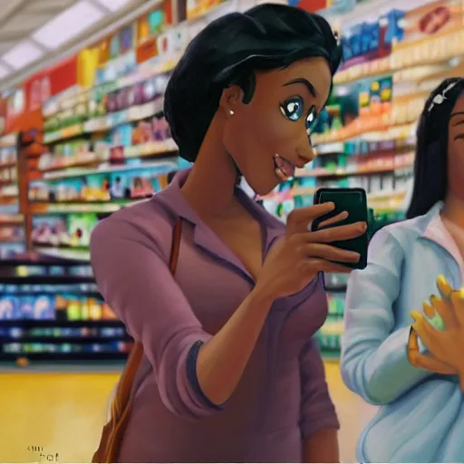 Prompt: stunning, coherent, beautiful painting, still of a creepy man following a beautiful black bbw woman in wal-mart, she is taking a selfie of the creepy man is following her, 3d, in the style of pixar, comic book style, 3d, highly detailed, highly detailed, sharp focus, bokeh, depth of field, 16k resolution, Unreal Engine 5, coherent, cinematic lighting, photorealistic, by Zhang Jingna