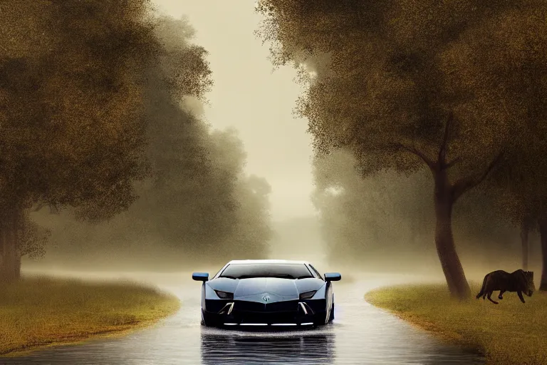 Prompt: a landscape photograph of a lamborghini aventador being chased by a pack of lions through a vast serene landscape on a rainy day, river, trees, beautiful lighting, by lee madgwick