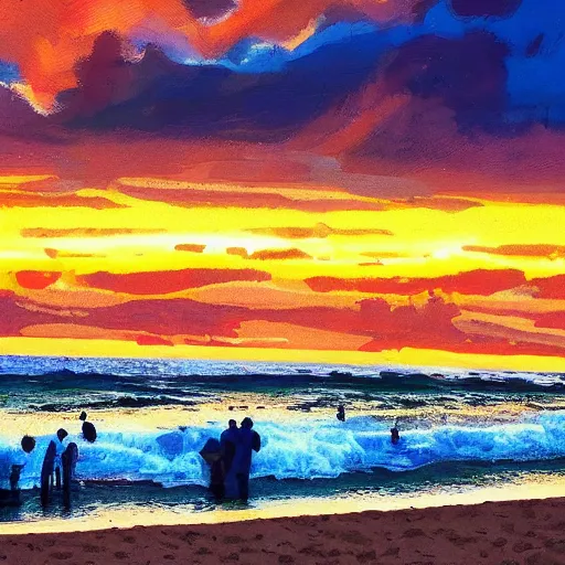 Prompt: beautiful sunset beach scene with waves made of Gordon Ramsey's forehead