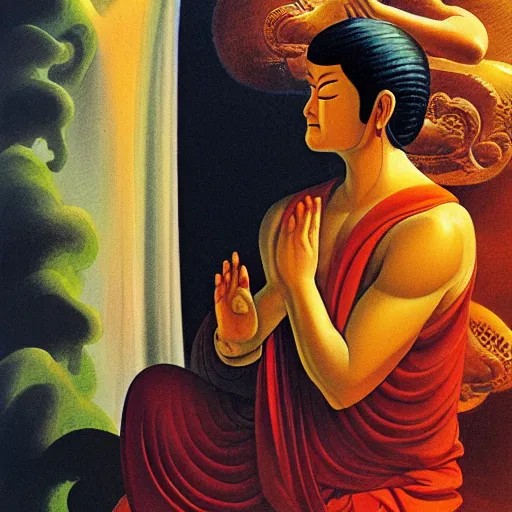 Image similar to detailed illustration of a contented peaceful bodhisattva, praying meditating, by boris vallejo