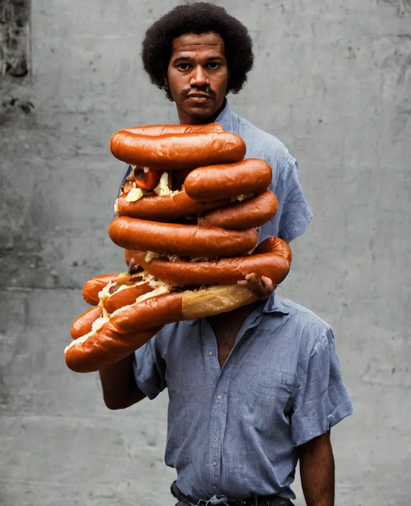 Image similar to closeup portrait of a man carrying a giant hotdog on his shoulder in a smoky new york back street, by Annie Leibovitz and Steve McCurry, natural light, detailed face, CANON Eos C300, ƒ1.8, 35mm, 8K, medium-format print