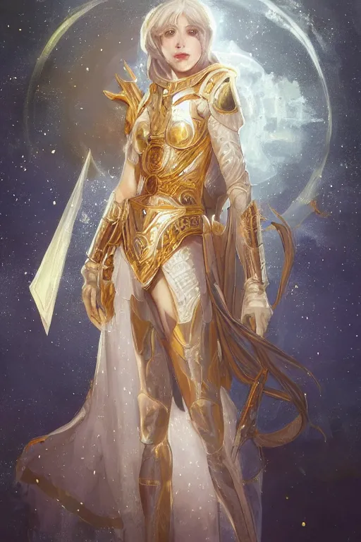 Image similar to portrait knights of Zodiac girl, white color reflected armor, in ruined Agora of Athens moon night and firefly and star sparkles, ssci-fi, fantasy, intricate, very very beautiful, elegant, golden light, highly detailed, digital painting, artstation, concept art, smooth, sharp focus, illustration, art by tian zi and WLOP and alphonse mucha