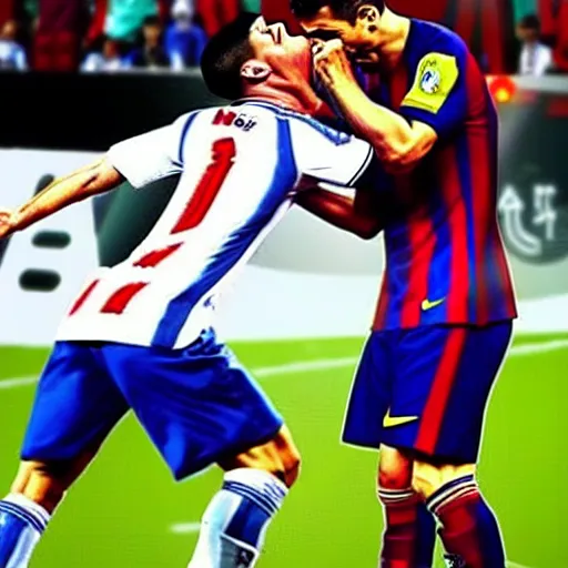 Prompt: Angry Ronaldo choking Messi