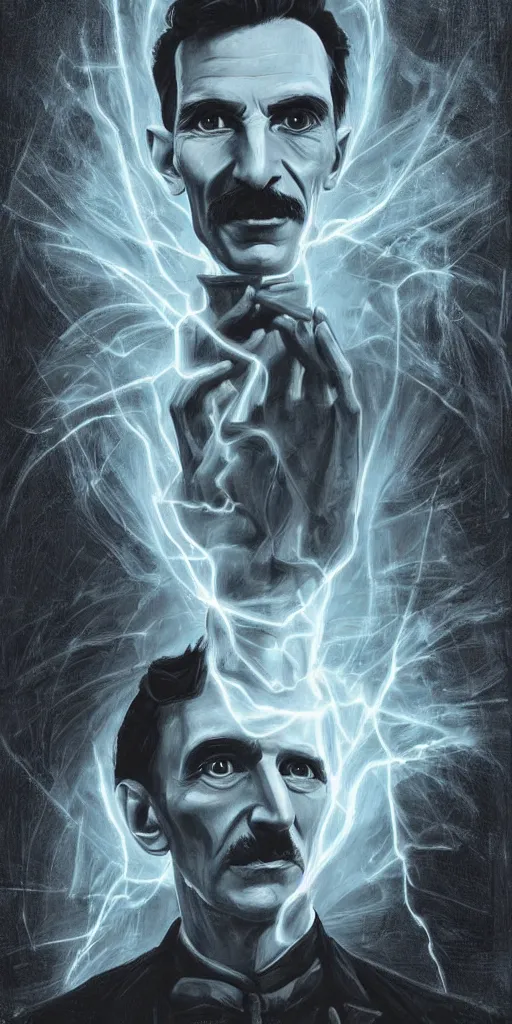 Image similar to nikola tesla holding energy psytrance portrait artwork, by sam spratt