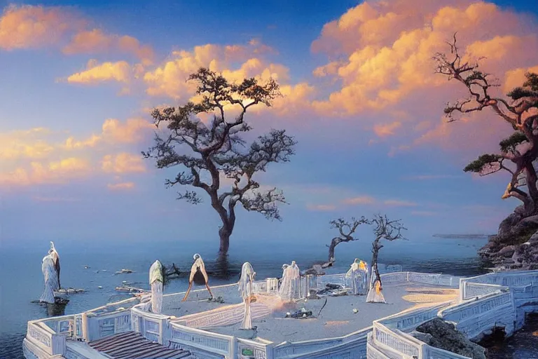 Image similar to an oriental palace made of immaculate white stones that emit light planted at the edge of a waterless ocean under a twilight light, blue sky without clouds, people angling at the edge, crystalline rock, pastel shades, style of michael whelan