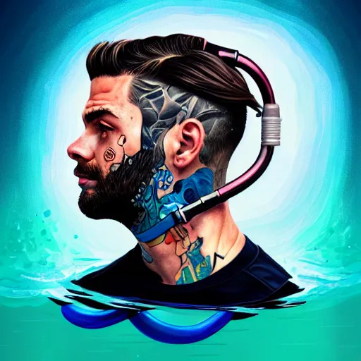 Image similar to a profile photo of a man with underwater helmet with tattoos on arm and neck, side profile in underwater, highly detailed, digital painting, artstation, illustration by Sandra Chevrier