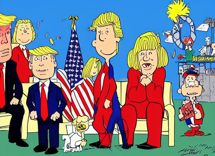 Image similar to donald trump, a jigsaw puzzle by charles schulz, behance contest winner, naive art, official art, colorized, digitally enhanced