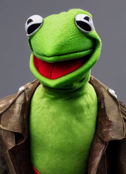 Image similar to portrait of kermit the frog dressed as micolash, host of the nightmare, by charlotte grimm, natural light, detailed face, canon eos c 3 0 0, ƒ 1. 8, 3 5 mm, 8 k, medium - format print, half body shot