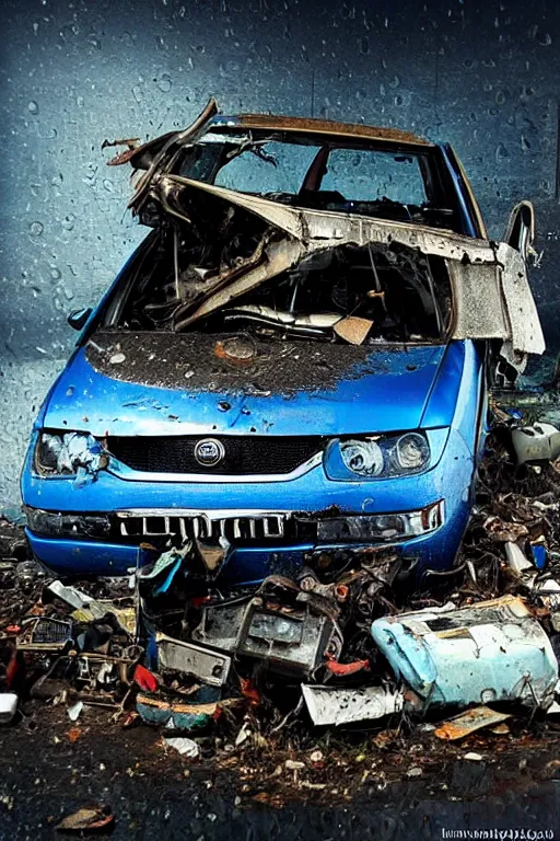 Image similar to “Blue Skoda Octavia Combi disintegrated in junkyard in rain. Realistic photo. ”