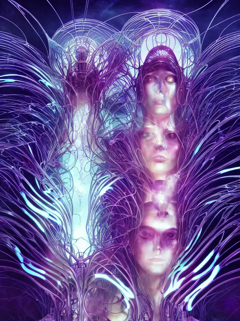 Image similar to futuristic biomech religious cult, ethereal and sublime, quantum deep magic, wings, wires and veins, ferrofluid, bismuth, city, unsettling, glowing eyes, tears, style blend of hideo kojima, shojo manga, mobius and botticelli, 4 k photorealistic, ultra fine inklines