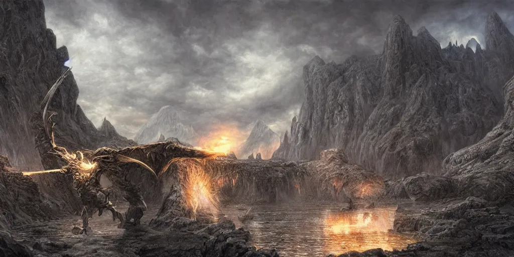 Image similar to Fight between Gandalf the Grey and the Balrog at the Bridge of Khazad-dûm in the evening, detailed matte painting, cinematic, Alan Lee, Artstation