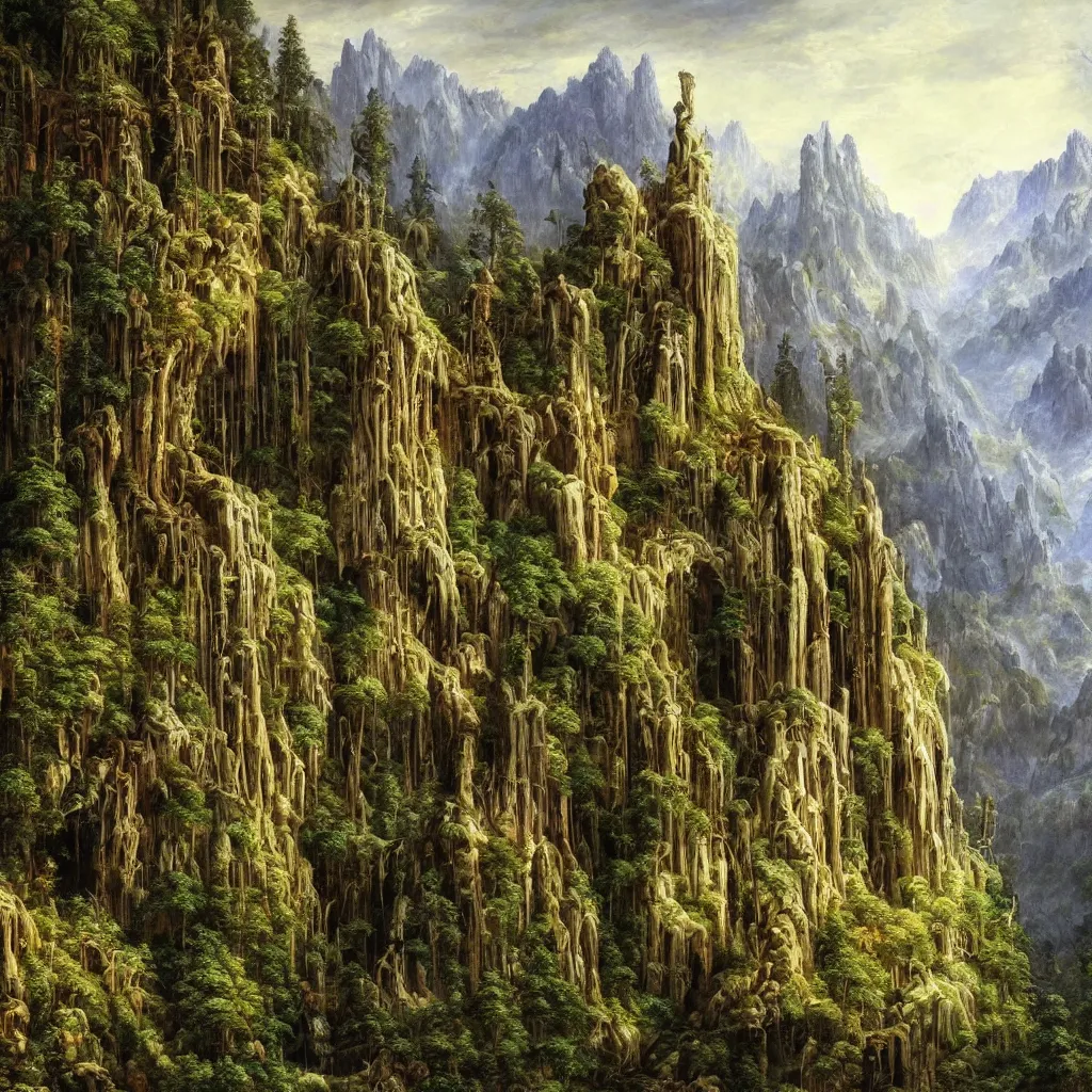 Image similar to A beautiful and highly detailed oil painting of an elven temple in the mountains, detailed trees and cliffs, intricate details, rivendell, 8k, sharp focus, hyper realism, by Caspar Friedrich,