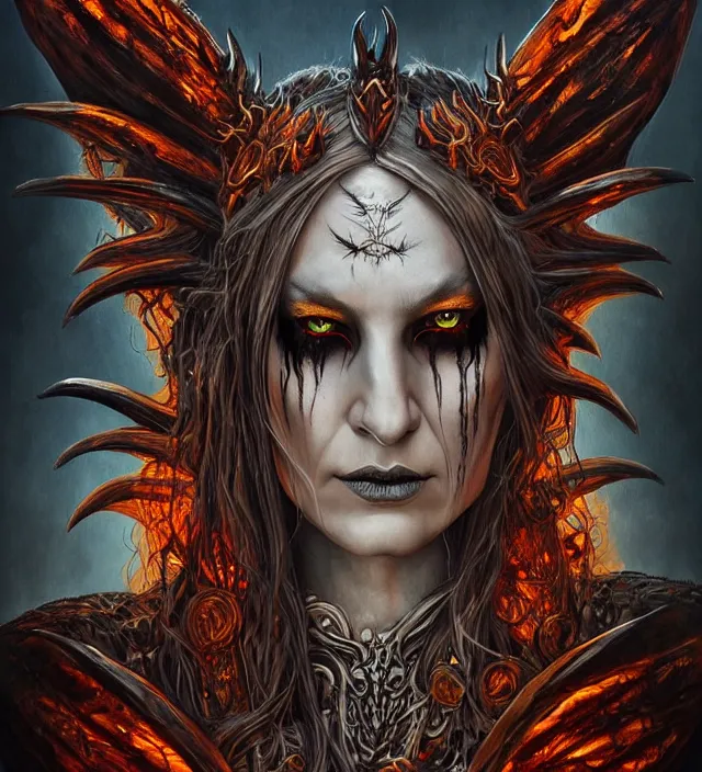 Image similar to a symmetrical matte portrait of evil druidess with glowing amber eyes, dragon wings and demonic antlers, cinematic atmospheric lighting, dark, atmospheric, brooding, painted, intricate, ultra - detailed by dave dorman, well composed, best on artstation, cgsociety, epic, stunning, gorgeous, intricate details, wow, masterpiece