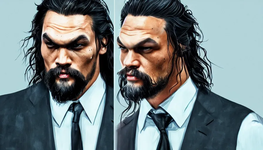 Prompt: Jason Momoa is a 30's gangster in suit and tie, hyperdetailed, artstation, cgsociety, 8k