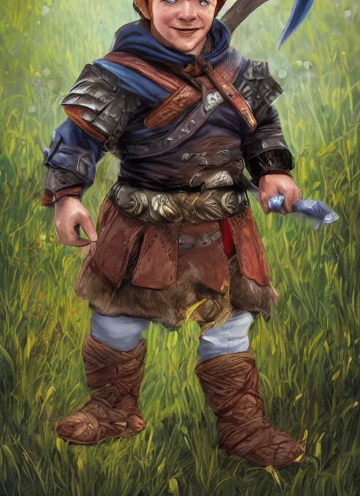 Prompt: A fantasy comic book roleplaying game style portrait painting of a halfling fighter on a beautiful meadow, DAZ, hyperrealistic, ambient light, dynamic light