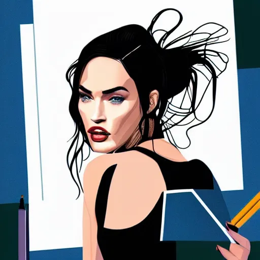 Prompt: megan fox portrait by arunas kacinskas and mallory heyer, geometrical shapes and lines, sketch, graphic design, pencils, minimalistic, procreate, digital illustration, vector illustration, doodle, applepencil, newstyle