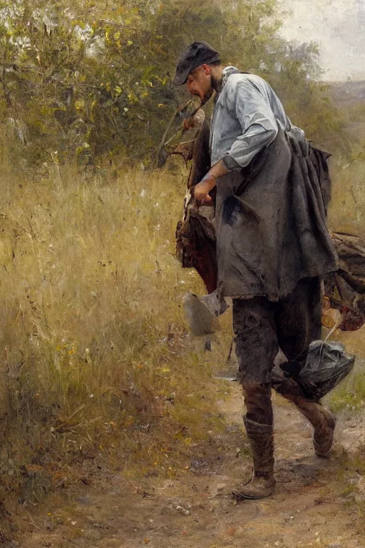 Image similar to Solomon Joseph Solomon and Richard Schmid and Jeremy Lipking painting full length portrait painting of a young man going to work in the field