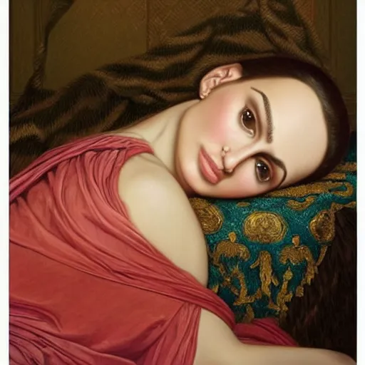 Image similar to beautiful_golden_portrait_of_a_Natalie_Portman_a s_Grand Odalisque_intricate_oil_paintingby Jo hn_William_Godward_by_Anna_Dittman_by J-H 768-C2.0