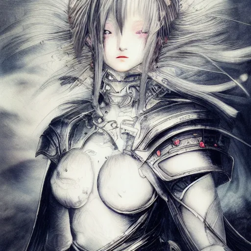 Image similar to Yoshitaka Amano blurred and dreamy illustration of an anime girl with a pirate eye patch, wavy white hair and cracks on her face wearing elden ring armour with the cape fluttering in the wind, abstract black and white patterns on the background, noisy film grain effect, highly detailed, Renaissance oil painting, weird portrait angle