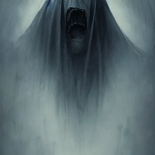 Prompt: dementor. draped in dark sheet. dark colors. menacing. haunting. frightening. too close. extreme close up. trending on artstation. award winning. artgem. greg rutkowski. beksinski. extremely detailed. 4 k.