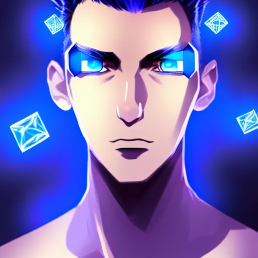 Image similar to a highly detailed portrait of a man with navy blue hair and blue glowing eyes, summoning blue transparent cubes, high detail clothing, concept art, anime, artstation, professional