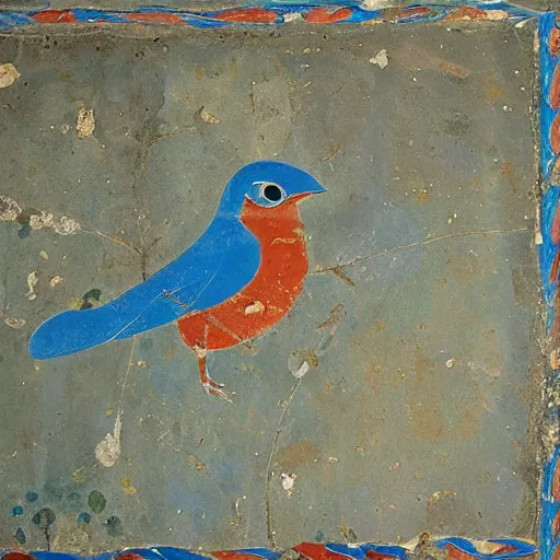 Prompt: “Blue Bird” fresco depicts a blue bird sitting among plants on a rock in a mountainous landscape. Part of a large landscape fresco that once decorated spacious room of a house west of palace of Knossos, House of frescoes, 1600-1500 BC, at Knossos, Crete.