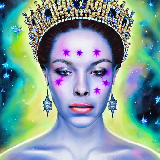 Image similar to a ultra realistic photo portrait of a sublime queen with an acurate , perfect ultra higly detailed and very very realistic wild face and ultra ultra ultra acuratr realistic wild eyes , and a crown of galaxy-colored diamonds, coming out from a colored nebula of a colored galaxy in the inner space wit hundred of stars