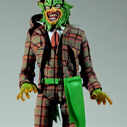 Prompt: plastic wolfman action figure with faded green face dressed in a plaid suit. 1 9 7 9 vintage