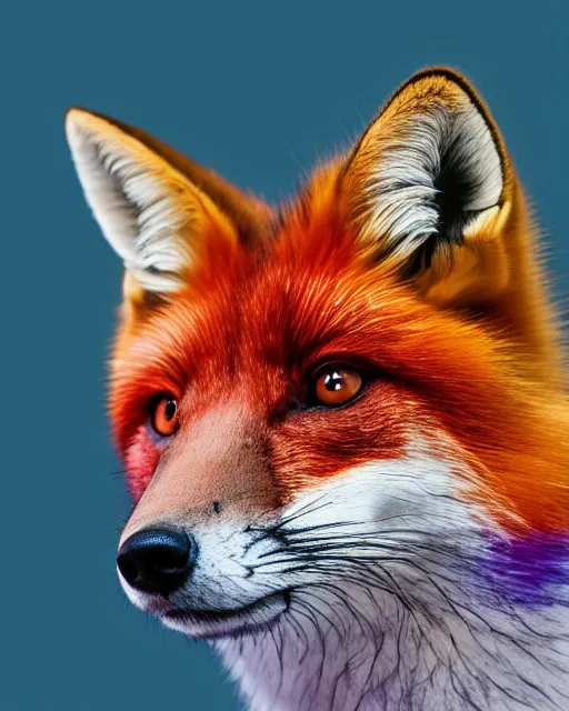 Image similar to rainbow colored fox, portrait, blue background, 8 k, 8 5 mm f 1. 8