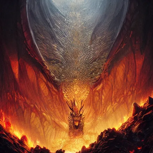 Prompt: The dragon Smaug inside the mountain of Erebor staring at Bilbo Baggins, surrounded by gold and treasure, by Greg Rutkowski