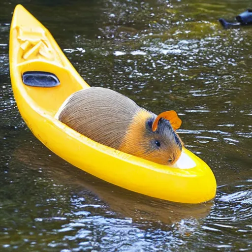 Prompt: a guinea pig paddling a yellow kayak on a small stream