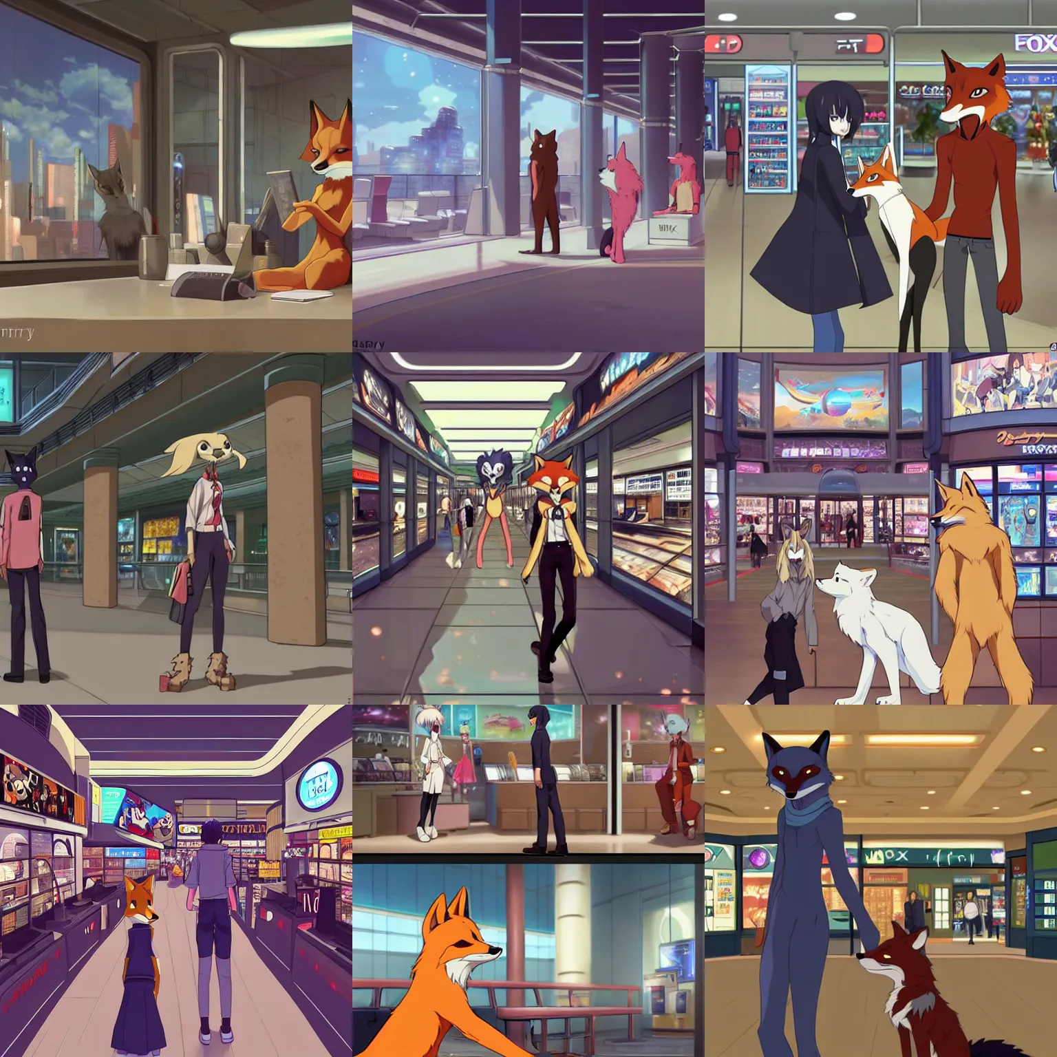 Image similar to an anthropomorphic!!!! furry!!!! ( fox ) shopping at a futuristic mall, photorealistic, anime!!!!, makoto shinkai, james gurney, don!!!! bluth!!!!, hibbary, dark natasha, goldenwolf, furaffinity!!!!